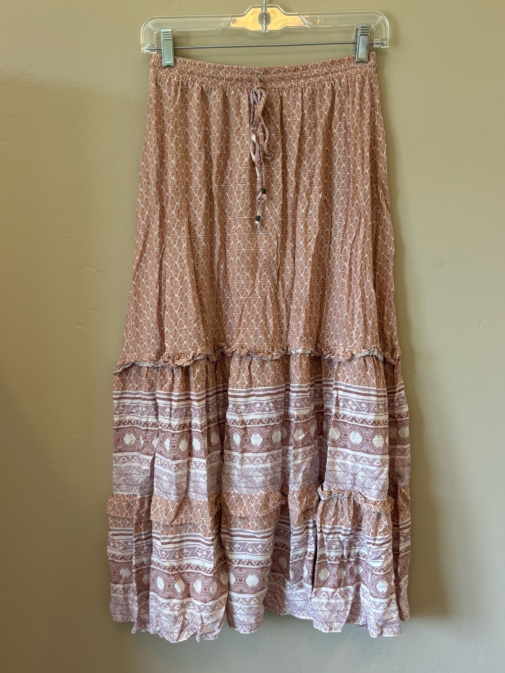 Bohme Dusty Rose & Purple Geometric Bohemian-Style Tiered Maxi Skirt Small